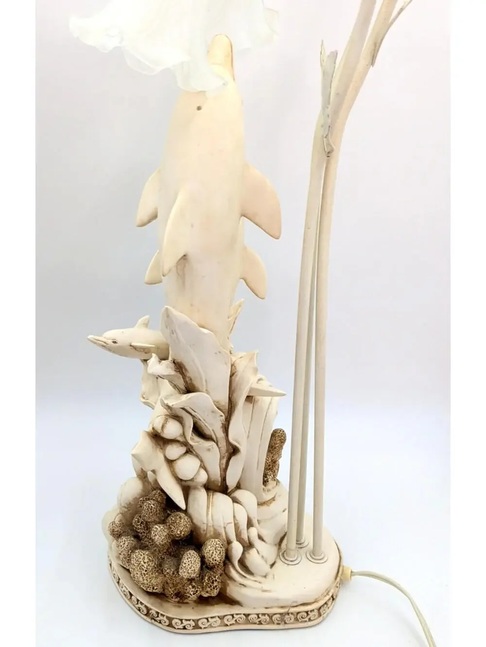 VTG Ceramic Sculpted 3D Dolphins Table Lamp 3 Lights Glass Tulip Shades 30